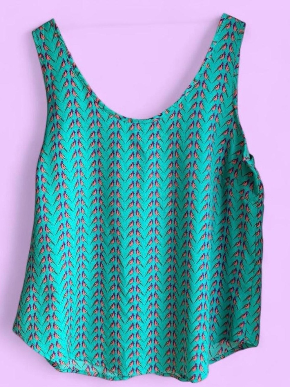 B Jewel Turquoise Scoop Neck Bird Print Tank Top Orange Trim Zipper Back Large